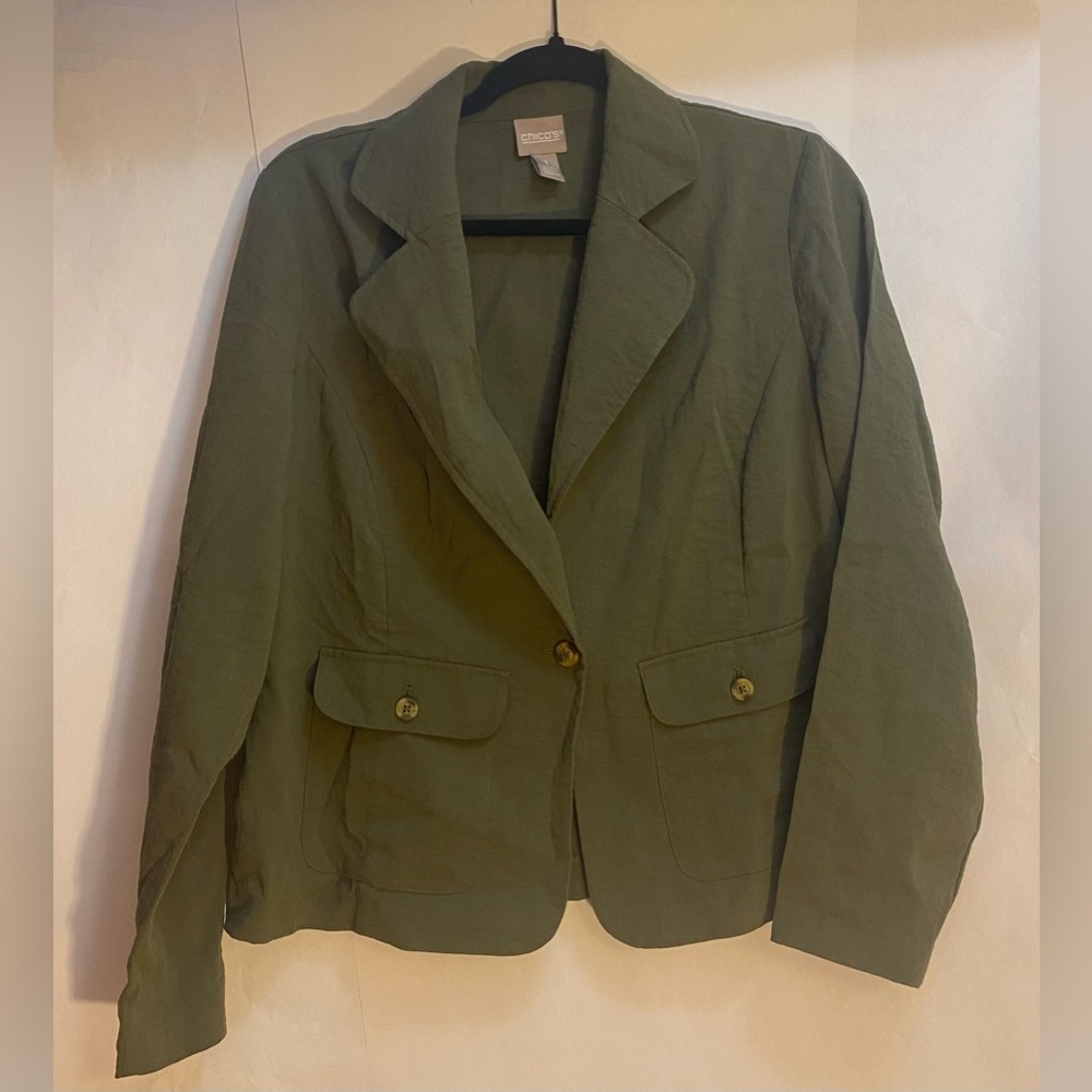 Chicos Olive Green Rayon Blend Single Button Blazer Jacket Womens Size 1 Medium